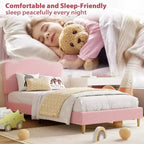 Upholstered Twin Bed Frame with Headboard, 77x39.4 in Toddler Bed for Kids Girls, Soft Padded Platform Bedframe, Sturdy Wooden Slats Support, Pink