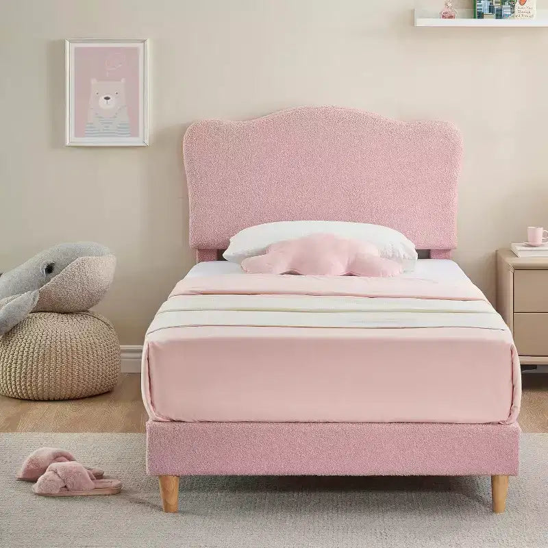 Upholstered Twin Bed Frame with Headboard, 77x39.4 in Toddler Bed for Kids Girls, Soft Padded Platform Bedframe, Sturdy Wooden Slats Support, Pink