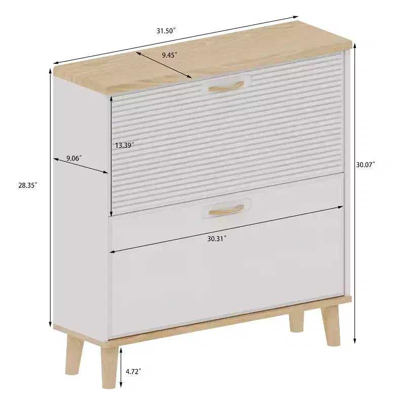 Shoe Cabinet Narrow Entryway, Compact Freestanding Shoe Rack with 2 Flip Drawers and Natural Wood Legs, Holds 8-16 Pairs of Shoes, for Entryway