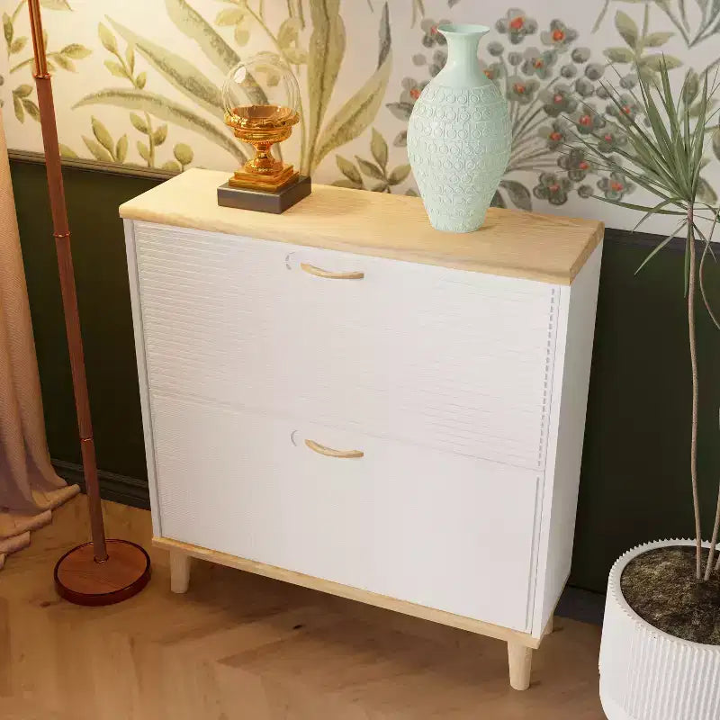 Shoe Cabinet Narrow Entryway, Compact Freestanding Shoe Rack with 2 Flip Drawers and Natural Wood Legs, Holds 8-16 Pairs of Shoes, for Entryway