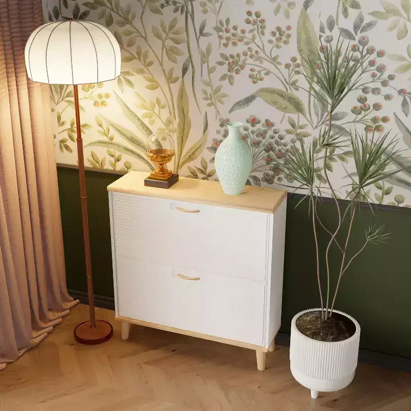 Shoe Cabinet Narrow Entryway, Compact Freestanding Shoe Rack with 2 Flip Drawers and Natural Wood Legs, Holds 8-16 Pairs of Shoes, for Entryway