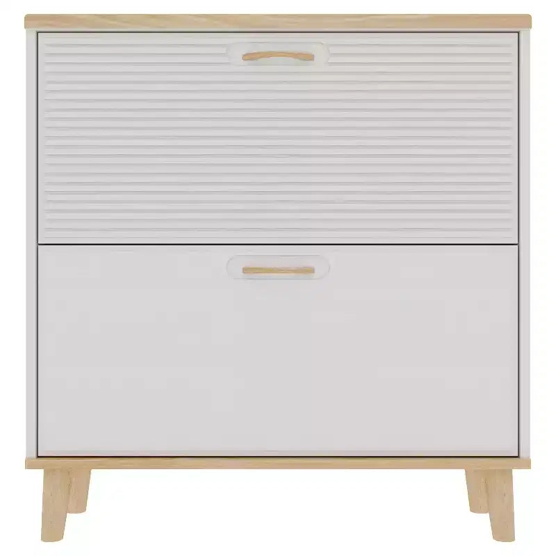 Shoe Cabinet Narrow Entryway, Compact Freestanding Shoe Rack with 2 Flip Drawers and Natural Wood Legs, Holds 8-16 Pairs of Shoes, for Entryway