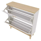 Shoe Cabinet Narrow Entryway, Compact Freestanding Shoe Rack with 2 Flip Drawers and Natural Wood Legs, Holds 8-16 Pairs of Shoes, for Entryway