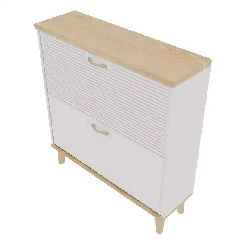Shoe Cabinet Narrow Entryway, Compact Freestanding Shoe Rack with 2 Flip Drawers and Natural Wood Legs, Holds 8-16 Pairs of Shoes, for Entryway