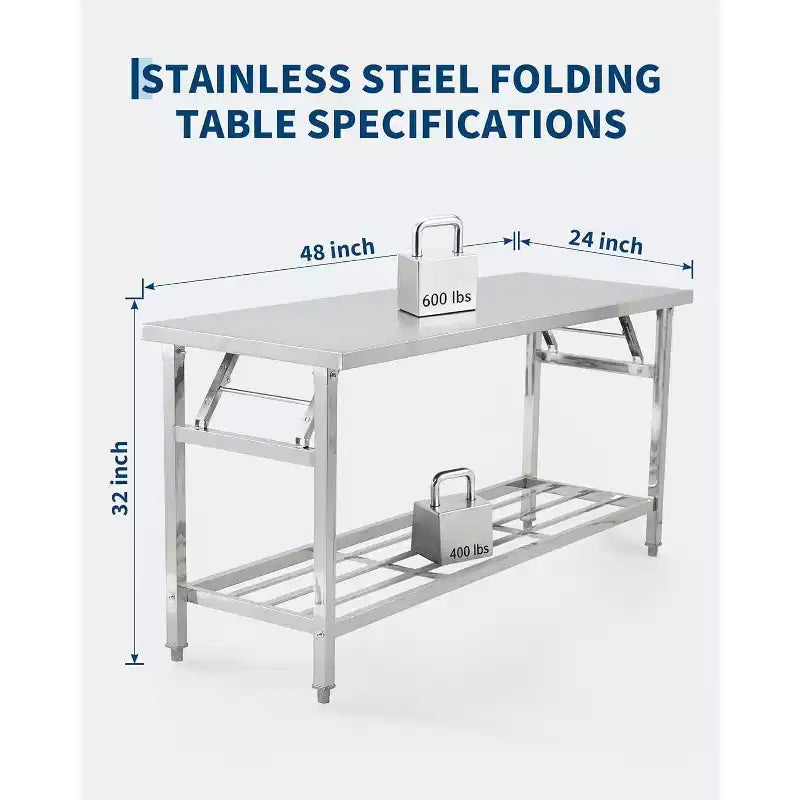 48*24 Inch Heavy-Duty Stainless Steel Folding Table with Undershelf | Commercial/Home Workstation for Food Prep & Catering