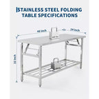 48*24 Inch Heavy-Duty Stainless Steel Folding Table with Undershelf | Commercial/Home Workstation for Food Prep & Catering