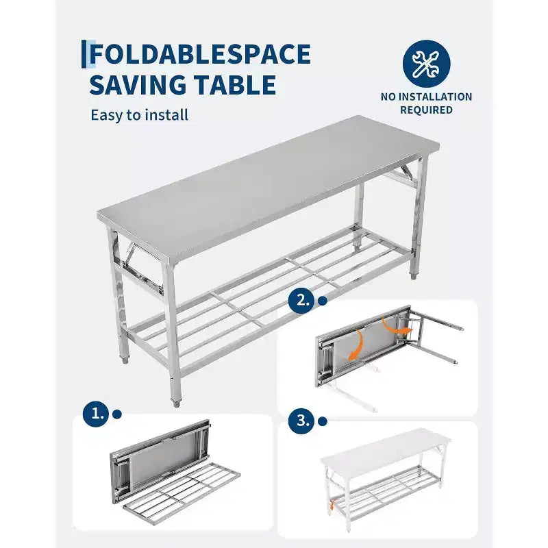 48*24 Inch Heavy-Duty Stainless Steel Folding Table with Undershelf | Commercial/Home Workstation for Food Prep & Catering