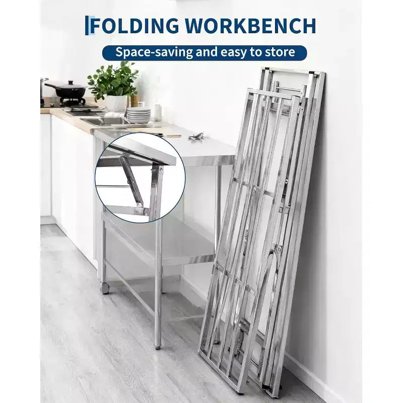 48*24 Inch Heavy-Duty Stainless Steel Folding Table with Undershelf | Commercial/Home Workstation for Food Prep & Catering