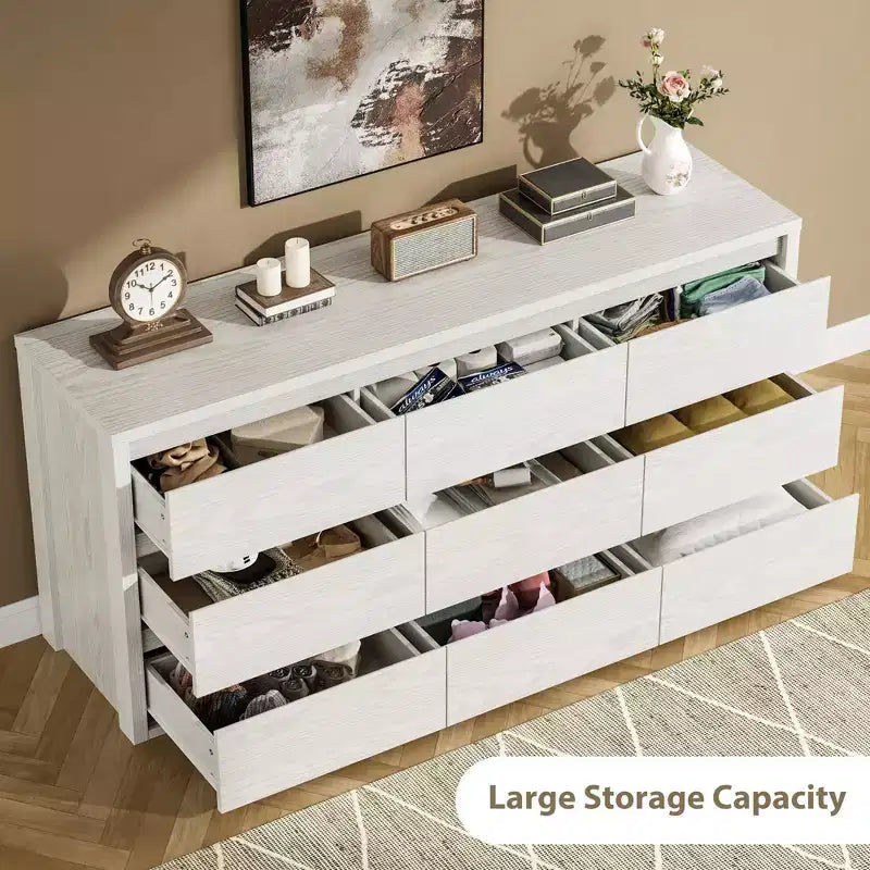 9-Drawer Wooden Dresser, Handle-Free Storage Cabinet for Bedroom, Living Room & Hallway, with Anti-Tip Safety