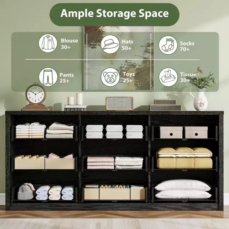 9-Drawer Wooden Dresser, Handle-Free Storage Cabinet for Bedroom, Living Room & Hallway, with Anti-Tip Safety