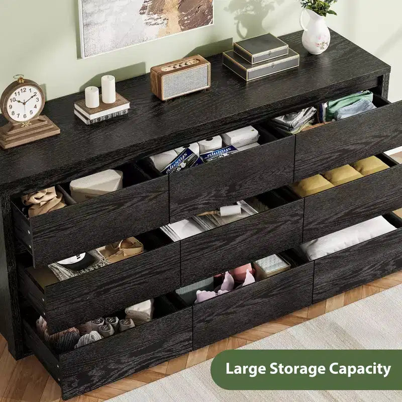 9-Drawer Wooden Dresser, Handle-Free Storage Cabinet for Bedroom, Living Room & Hallway, with Anti-Tip Safety