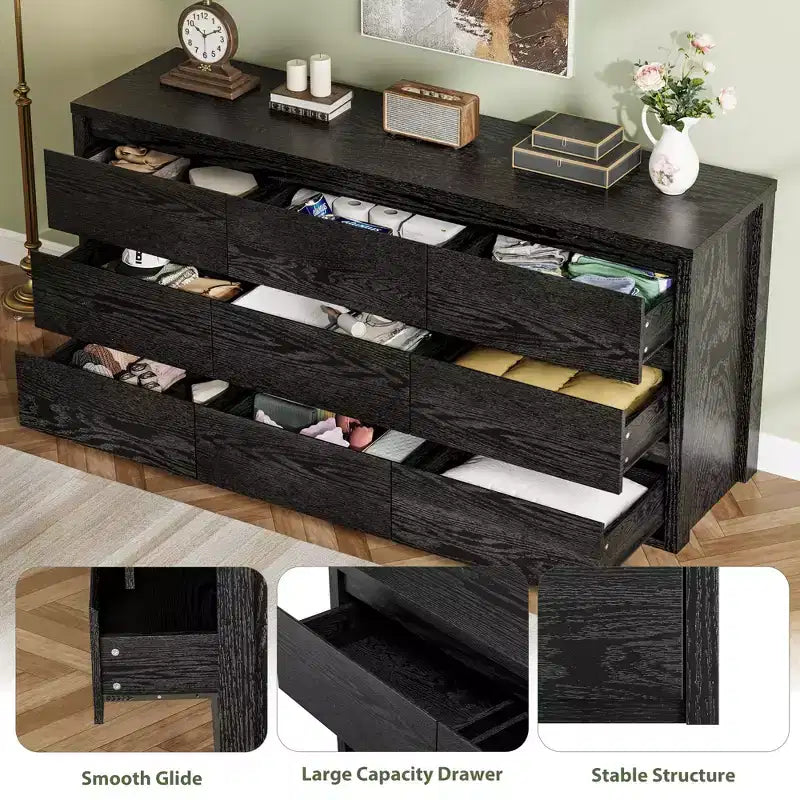 9-Drawer Wooden Dresser, Handle-Free Storage Cabinet for Bedroom, Living Room & Hallway, with Anti-Tip Safety