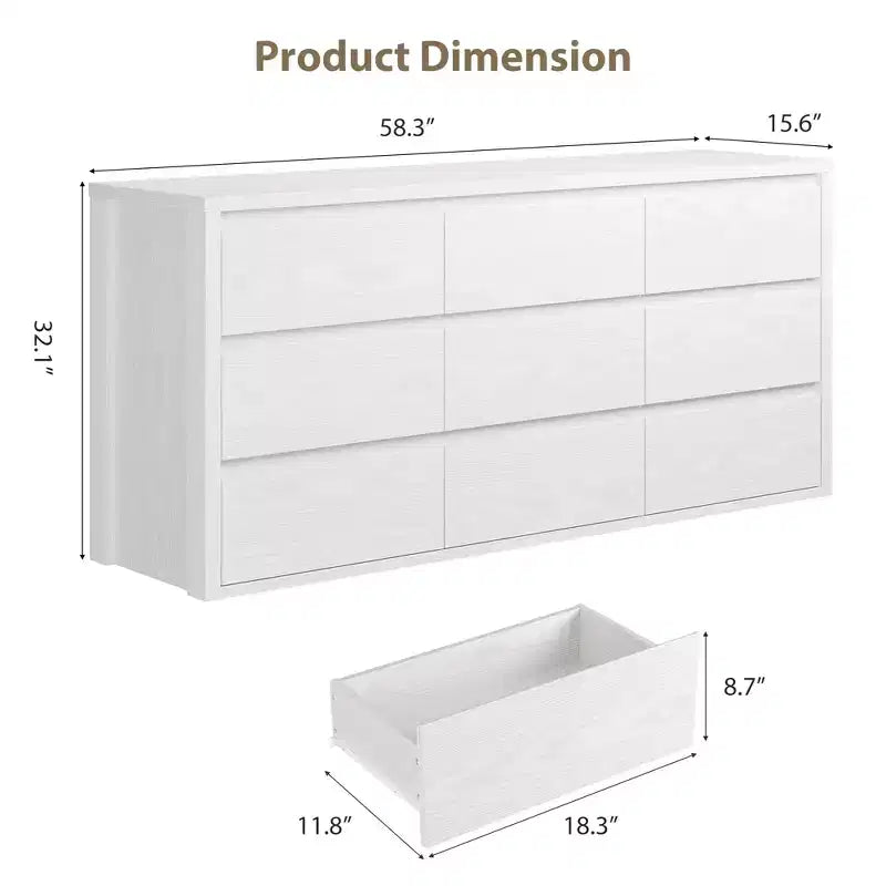 9-Drawer Wooden Dresser, Handle-Free Storage Cabinet for Bedroom, Living Room & Hallway, with Anti-Tip Safety