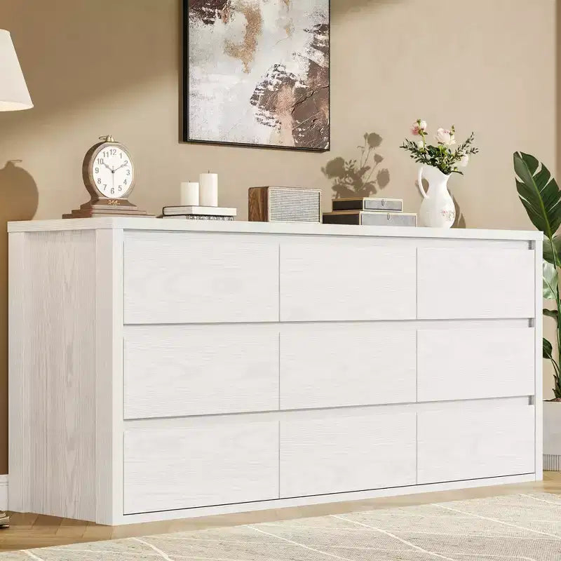9-Drawer Wooden Dresser, Handle-Free Storage Cabinet for Bedroom, Living Room & Hallway, with Anti-Tip Safety