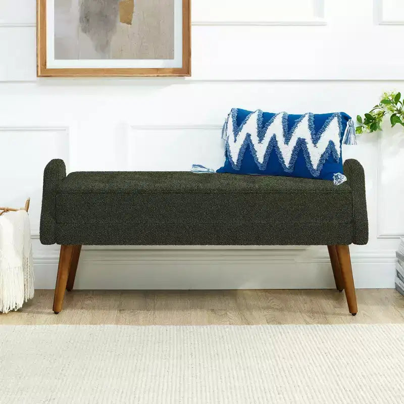 Modern Ottoman Bench with Irregular Geometric Armrests Upholstered Vanity Stool with Wood Legs Entryway Bench for Bedroom, Living Room