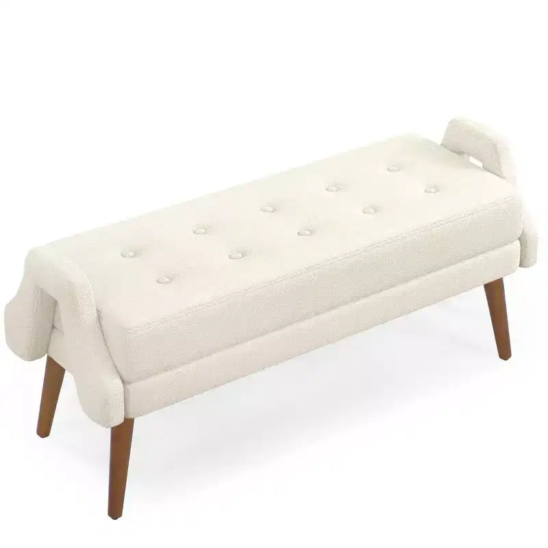 Modern Ottoman Bench with Irregular Geometric Armrests Upholstered Vanity Stool with Wood Legs Entryway Bench for Bedroom, Living Room