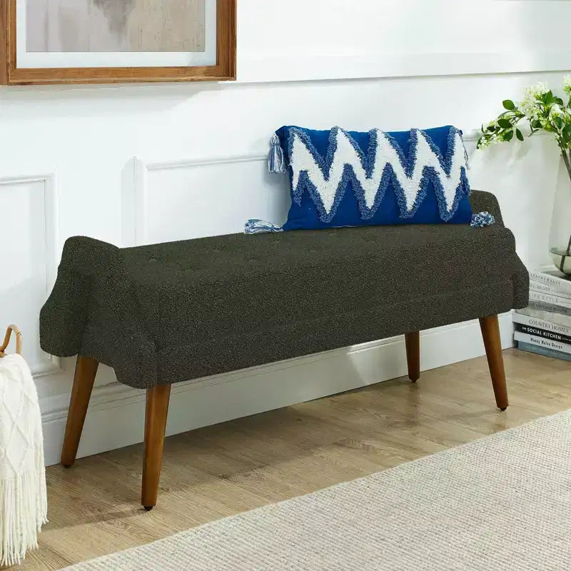 Modern Ottoman Bench with Irregular Geometric Armrests Upholstered Vanity Stool with Wood Legs Entryway Bench for Bedroom, Living Room