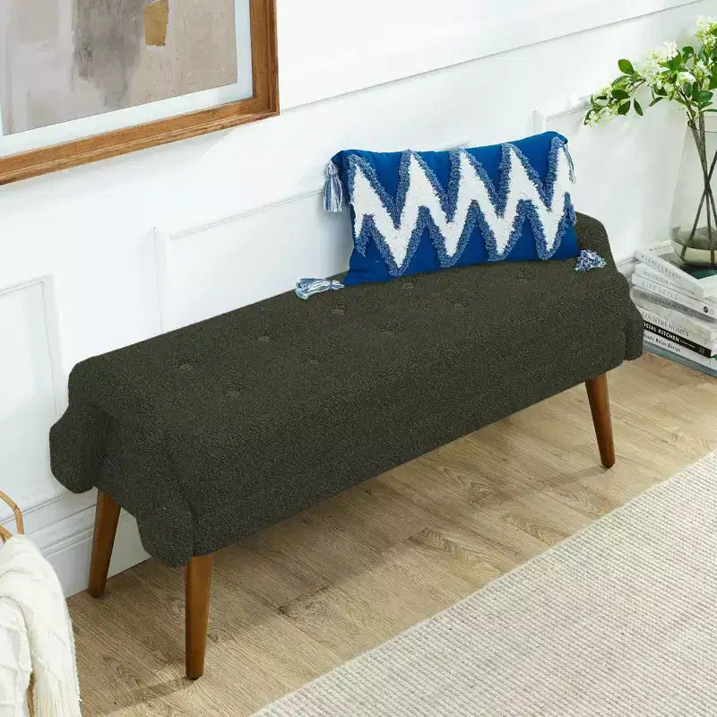 Modern Ottoman Bench with Irregular Geometric Armrests Upholstered Vanity Stool with Wood Legs Entryway Bench for Bedroom, Living Room