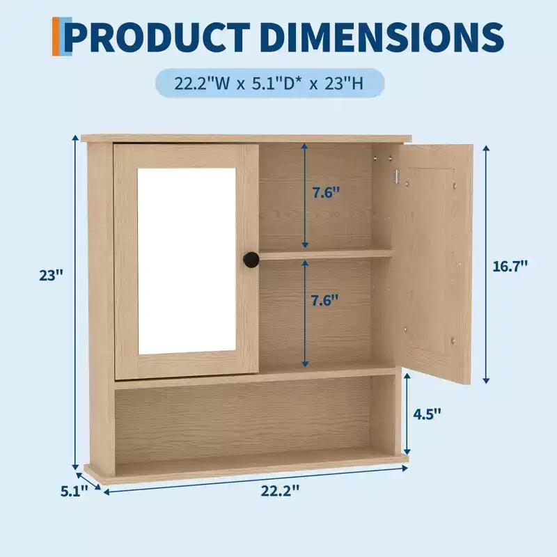 Wall Mount Mirror Medicine Cabinet, 22.2 Inch Bathroom Medicine Cabinet with Adjustable Shelf, Waterproof Cabinet for Bathroom Organization