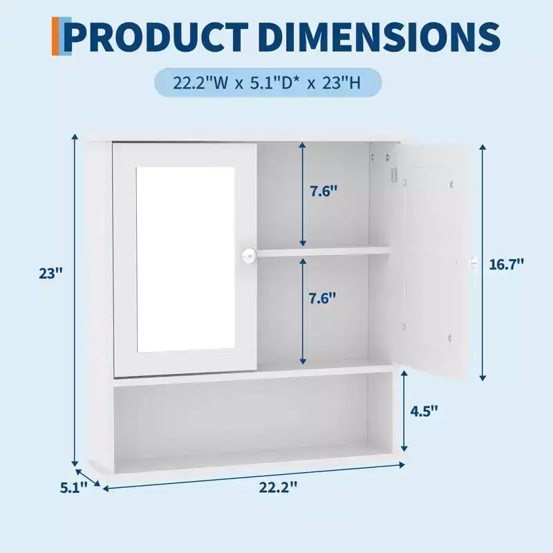 Wall Mount Mirror Medicine Cabinet, 22.2 Inch Bathroom Medicine Cabinet with Adjustable Shelf, Waterproof Cabinet for Bathroom Organization