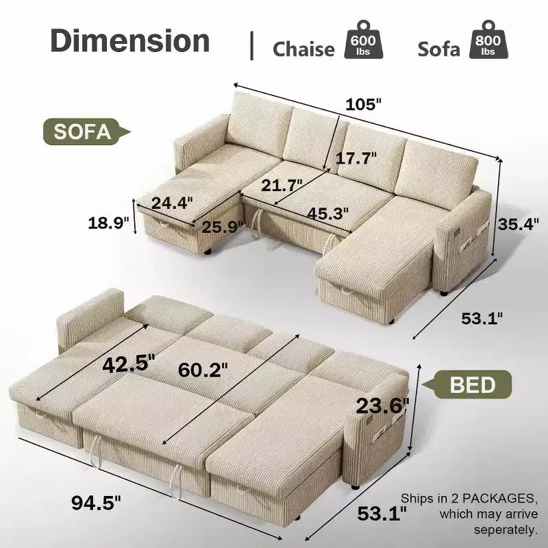 105-Inch Four-Seat Pull-Out Sofa Bed with Storage, Side Pockets, Adjustable Backrest, Convertible