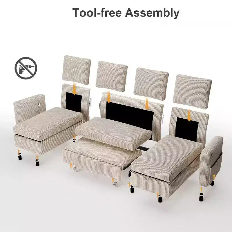 105-Inch Four-Seat Pull-Out Sofa Bed with Storage, Side Pockets, Adjustable Backrest, Convertible