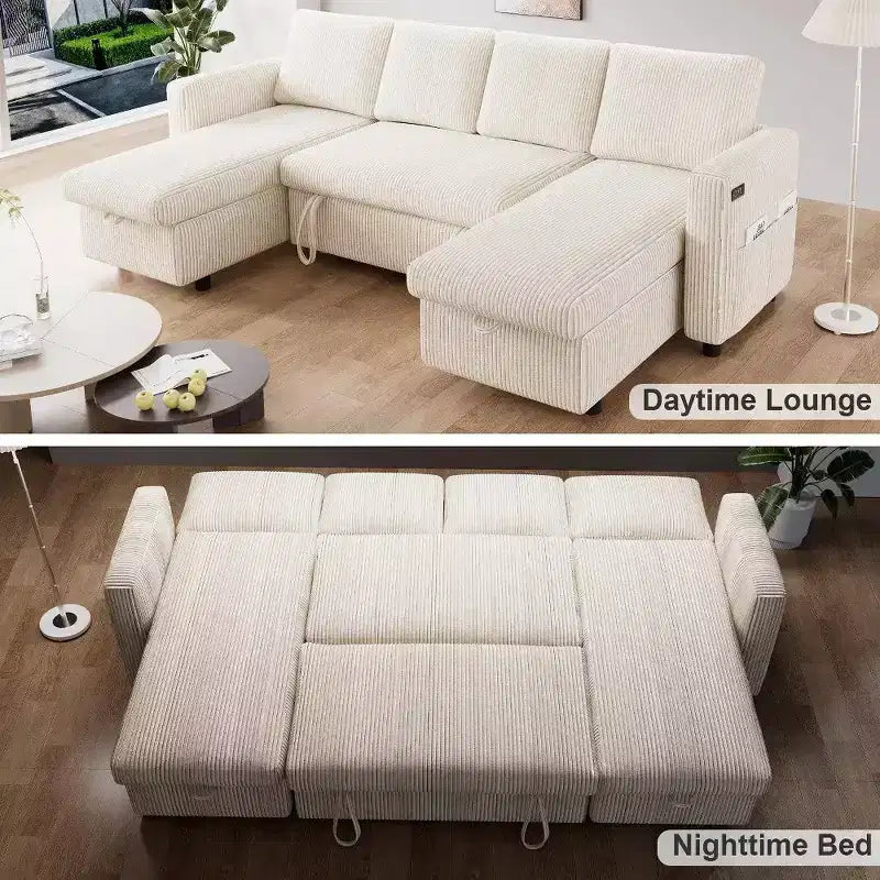 105-Inch Four-Seat Pull-Out Sofa Bed with Storage, Side Pockets, Adjustable Backrest, Convertible