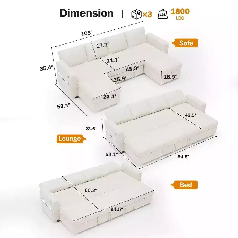 105-Inch Four-Seat Pull-Out Sofa Bed with Storage, Side Pockets, Adjustable Backrest, Convertible