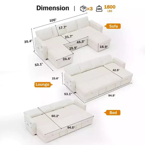 105-Inch Four-Seat Pull-Out Sofa Bed with Storage, Side Pockets, Adjustable Backrest, Convertible