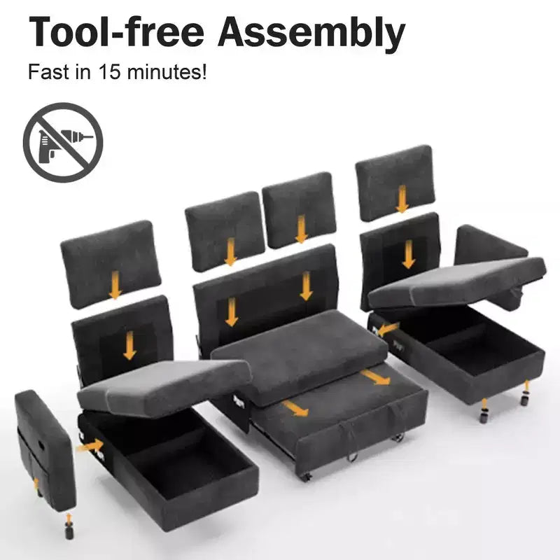 105-Inch Four-Seat Pull-Out Sofa Bed with Storage, Side Pockets, Adjustable Backrest, Convertible