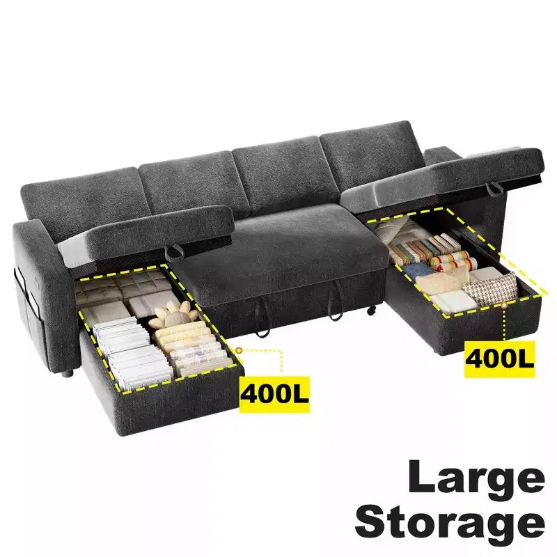 105-Inch Four-Seat Pull-Out Sofa Bed with Storage, Side Pockets, Adjustable Backrest, Convertible