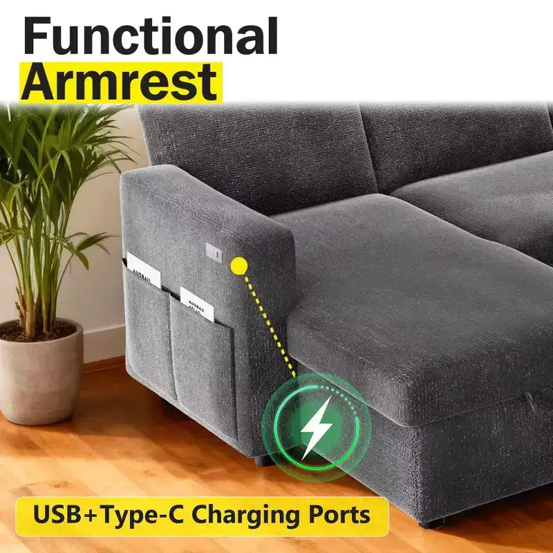 105-Inch Four-Seat Pull-Out Sofa Bed with Storage, Side Pockets, Adjustable Backrest, Convertible