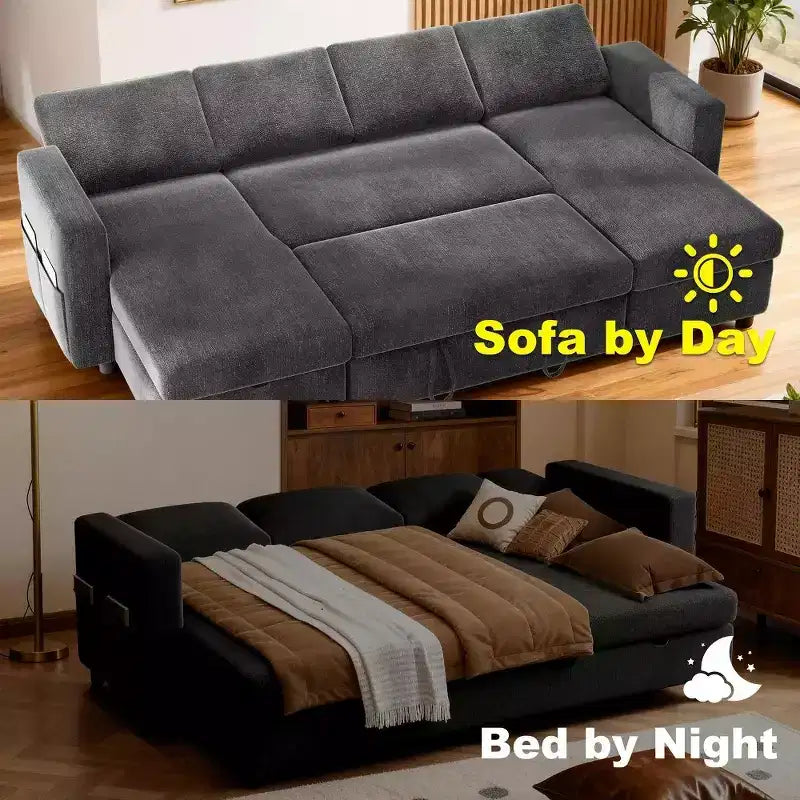105-Inch Four-Seat Pull-Out Sofa Bed with Storage, Side Pockets, Adjustable Backrest, Convertible