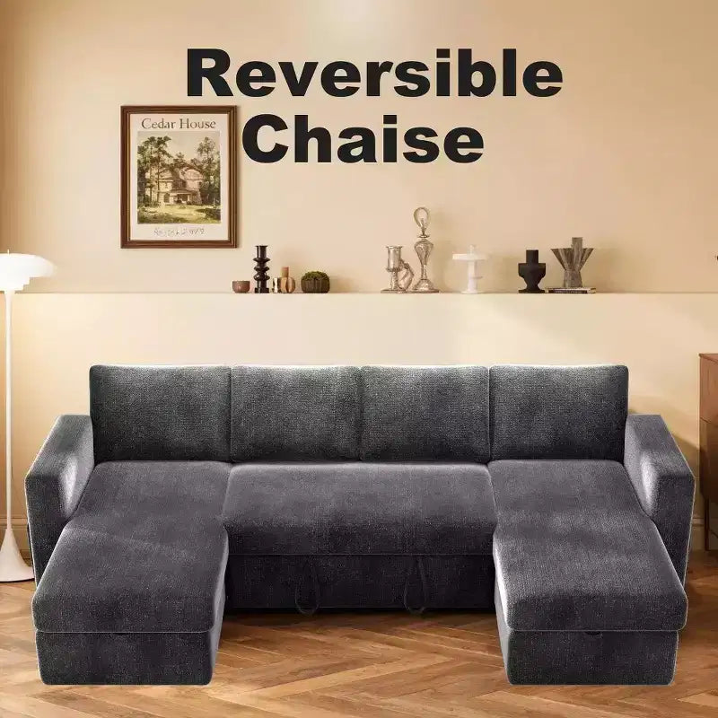 105-Inch Four-Seat Pull-Out Sofa Bed with Storage, Side Pockets, Adjustable Backrest, Convertible