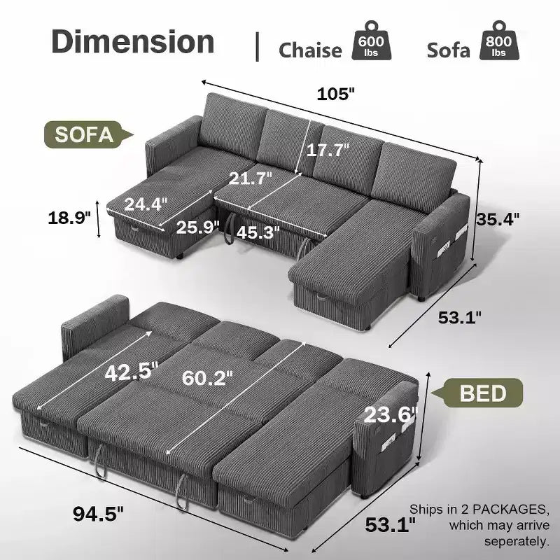 105-Inch Four-Seat Pull-Out Sofa Bed with Storage, Side Pockets, Adjustable Backrest, Convertible