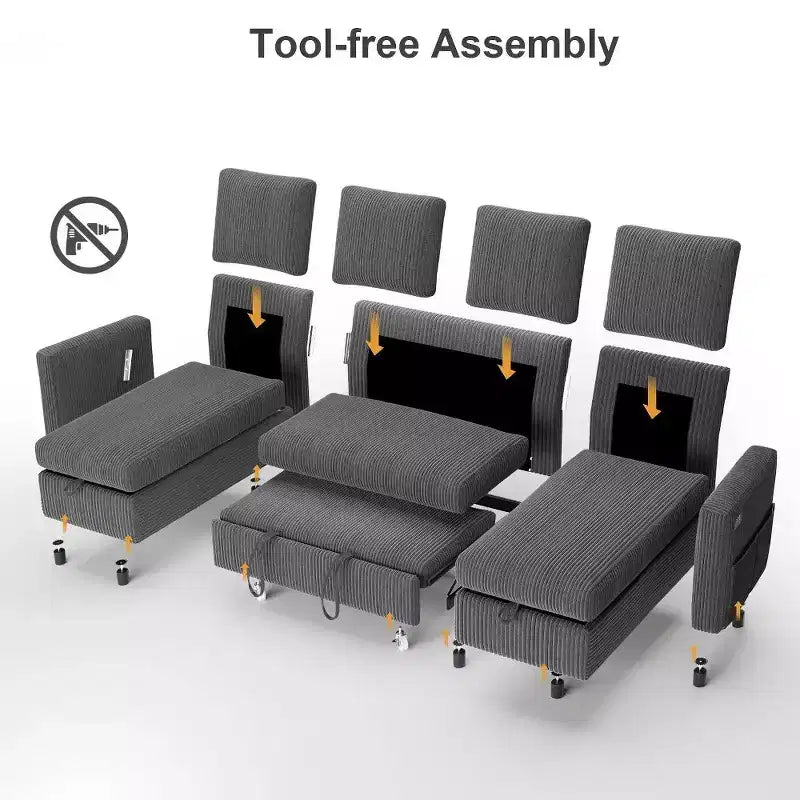 105-Inch Four-Seat Pull-Out Sofa Bed with Storage, Side Pockets, Adjustable Backrest, Convertible