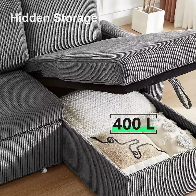 105-Inch Four-Seat Pull-Out Sofa Bed with Storage, Side Pockets, Adjustable Backrest, Convertible
