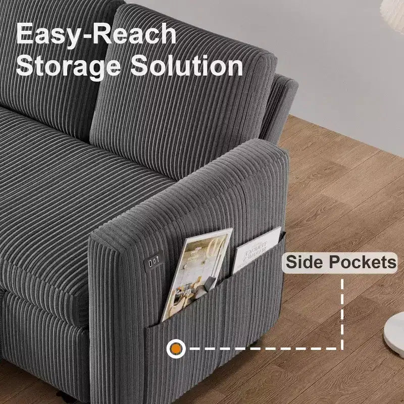 105-Inch Four-Seat Pull-Out Sofa Bed with Storage, Side Pockets, Adjustable Backrest, Convertible