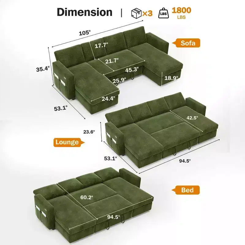 105-Inch Four-Seat Pull-Out Sofa Bed with Storage, Side Pockets, Adjustable Backrest, Convertible