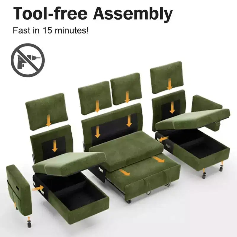 105-Inch Four-Seat Pull-Out Sofa Bed with Storage, Side Pockets, Adjustable Backrest, Convertible