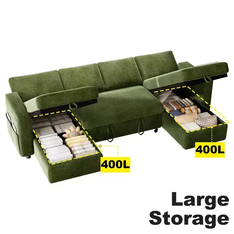 105-Inch Four-Seat Pull-Out Sofa Bed with Storage, Side Pockets, Adjustable Backrest, Convertible
