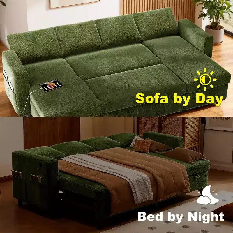 105-Inch Four-Seat Pull-Out Sofa Bed with Storage, Side Pockets, Adjustable Backrest, Convertible