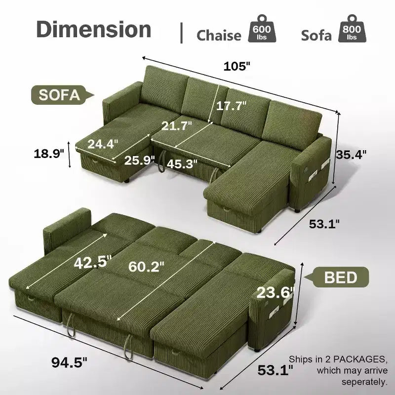 105-Inch Four-Seat Pull-Out Sofa Bed with Storage, Side Pockets, Adjustable Backrest, Convertible