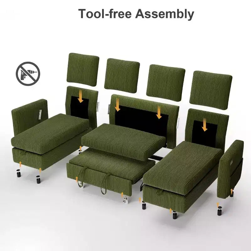 105-Inch Four-Seat Pull-Out Sofa Bed with Storage, Side Pockets, Adjustable Backrest, Convertible