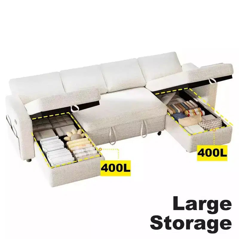 105-Inch Four-Seat Pull-Out Sofa Bed with Storage, Side Pockets, Adjustable Backrest, Convertible