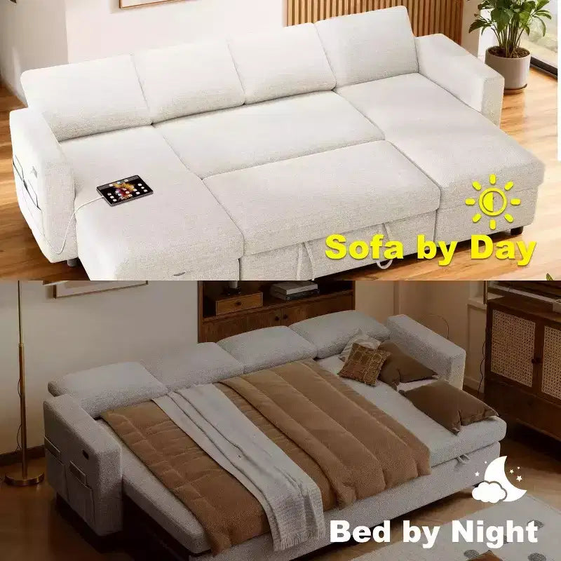 105-Inch Four-Seat Pull-Out Sofa Bed with Storage, Side Pockets, Adjustable Backrest, Convertible