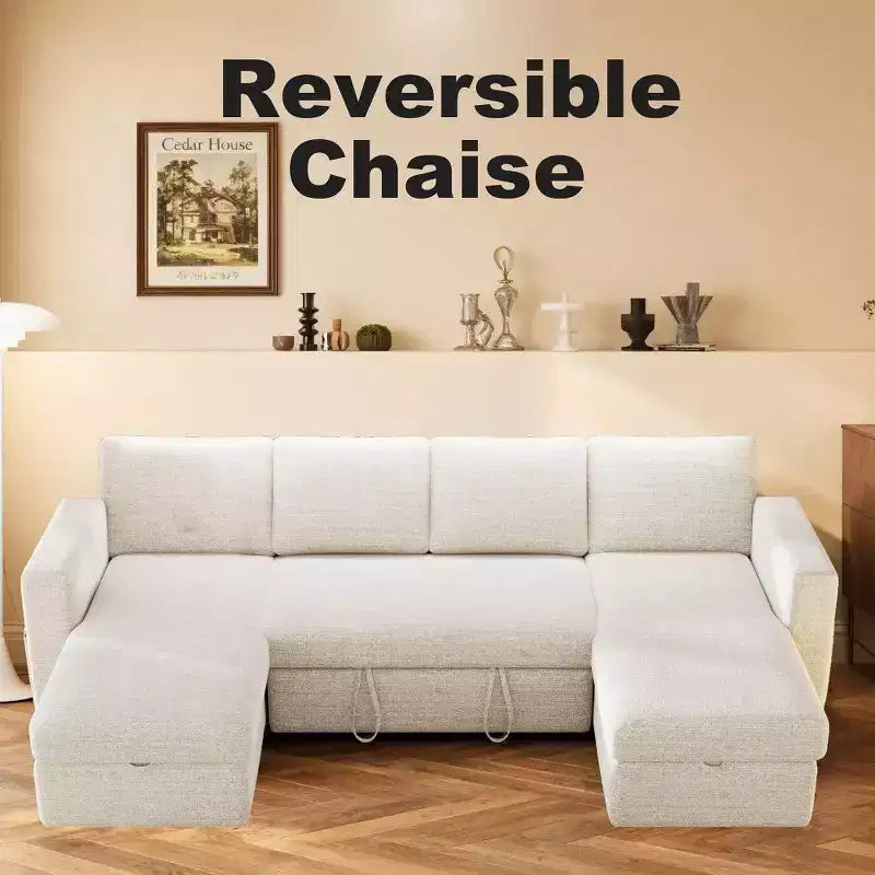 105-Inch Four-Seat Pull-Out Sofa Bed with Storage, Side Pockets, Adjustable Backrest, Convertible