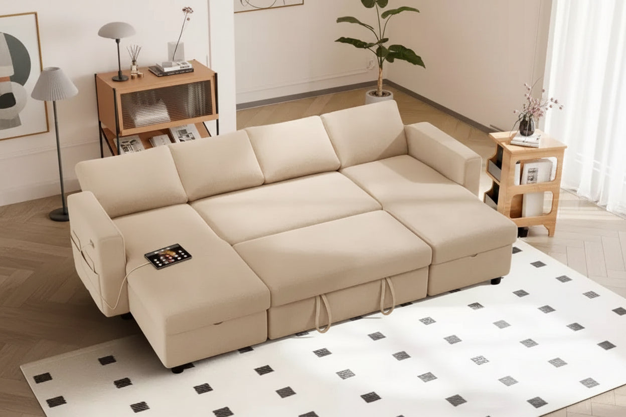 Dyonery 105-inch Four-Seat Pull-Out Sofa Bed with Storage, Side Pockets, Adjustable Backrest, Convertible