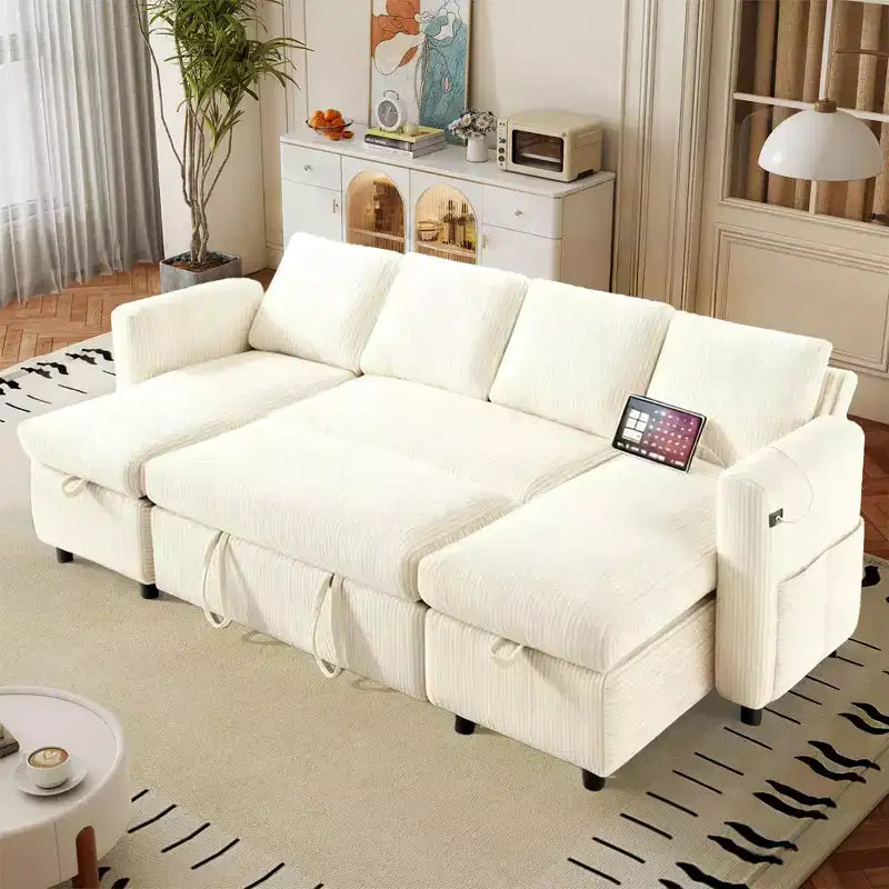 105-Inch Four-Seat Pull-Out Sofa Bed with Storage, Side Pockets, Adjustable Backrest, Convertible