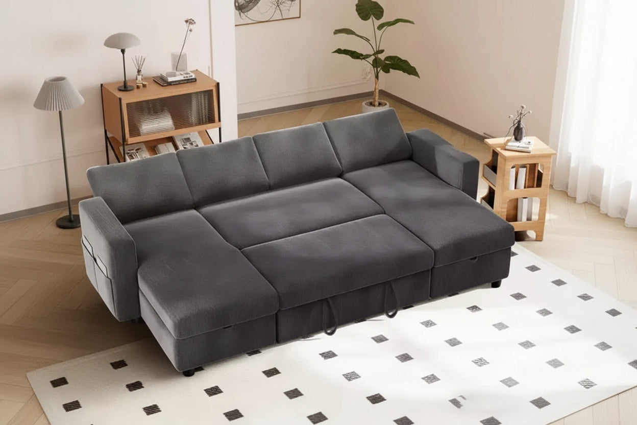 105-Inch Four-Seat Pull-Out Sofa Bed with Storage, Side Pockets, Adjustable Backrest, Convertible